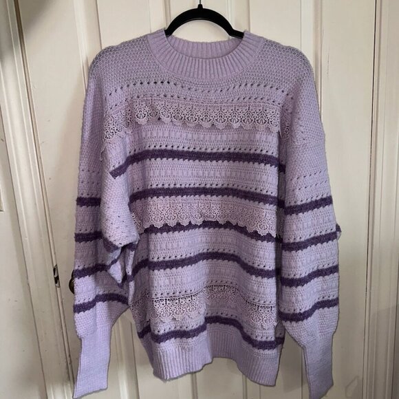 Purple Fringe Chunky Knit Lace Sweater Striped Ribbed Oversized - Picture 13 of 14